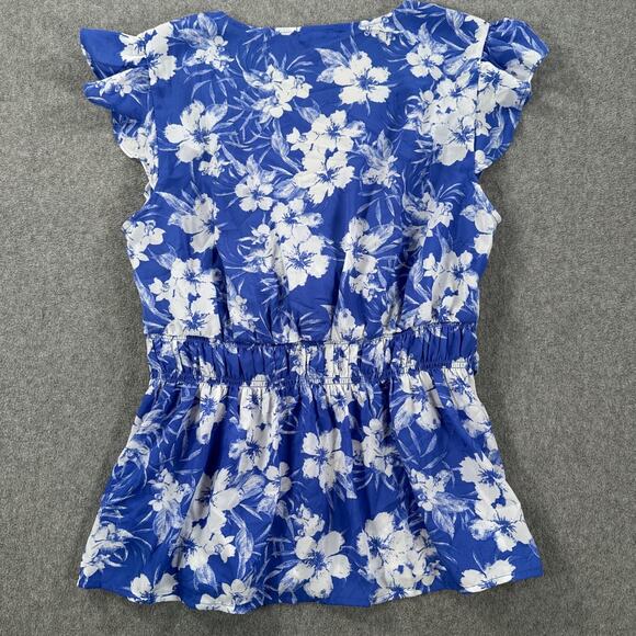 Pleione Blue Floral Flutter Sleeve Blouse Women's Medium V-Neck Drape Twist - Picture 9 of 10